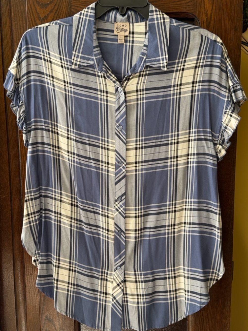 Como Vintage Navy Blue & White Plaid Button-Front Ruffle Cap Sleeve Shirt